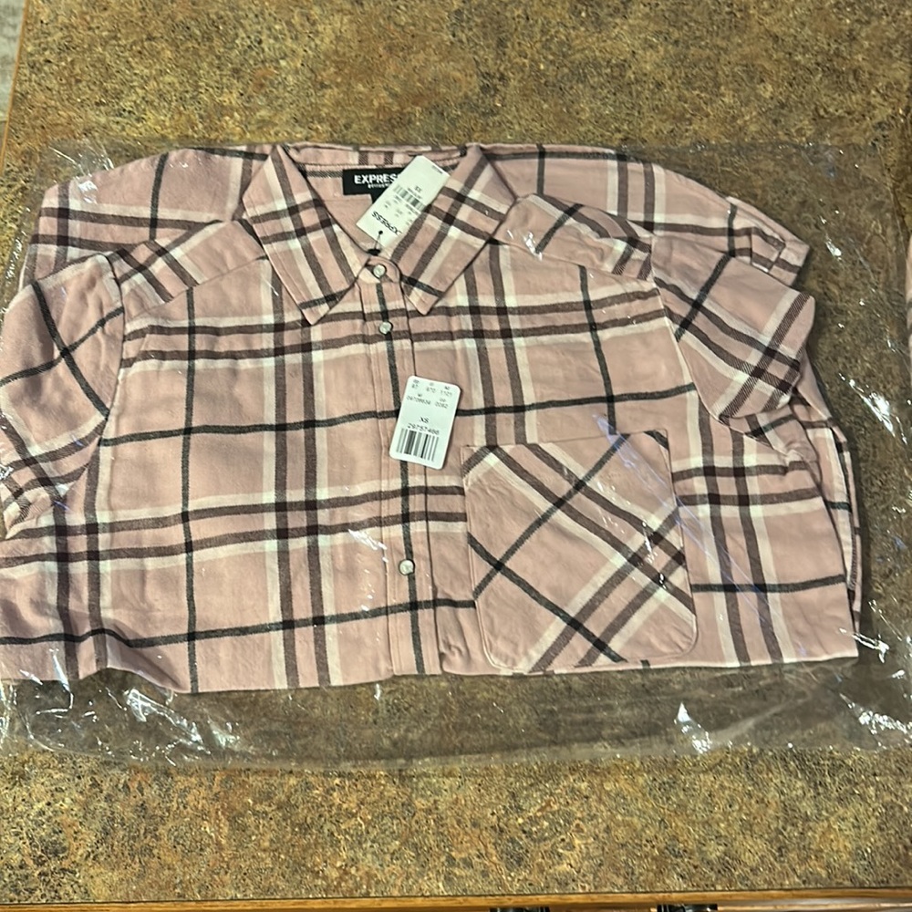 Express plaid flannel button down, snap, dusty pink